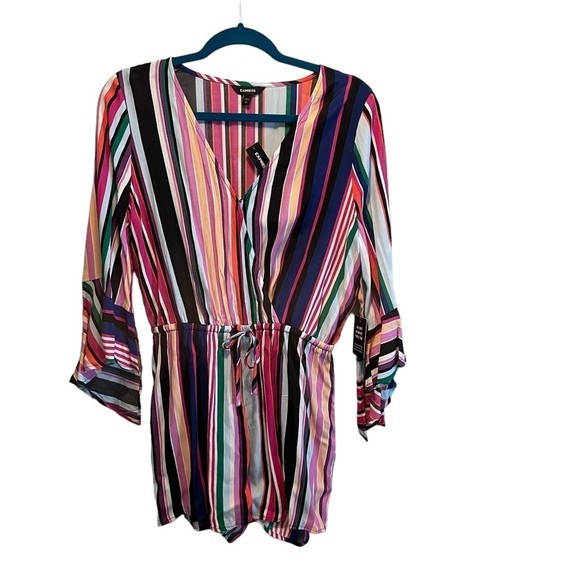 Express Romper Jumper Shorts Pink Rainbow Stripe Size Small Surplice NWT Barbie - Picture 7 of 9